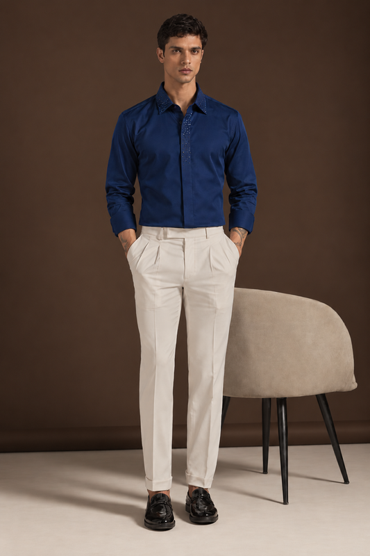 Geometric Embellished Satin Stretch Midnight Blue Shirt