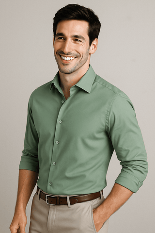Green Solid Cotton Twill Smart Casual Shirt