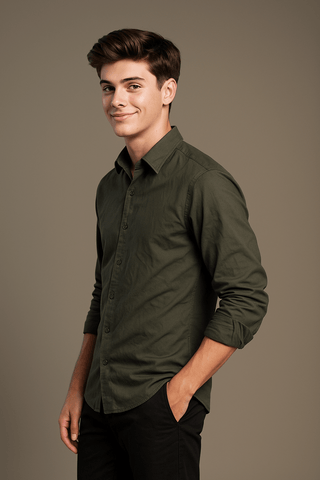 Olive Solid Cotton Twill Smart Casual Shirt