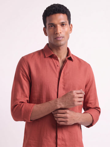 Solid Cotton Linen Look Burnt Orange Shirt