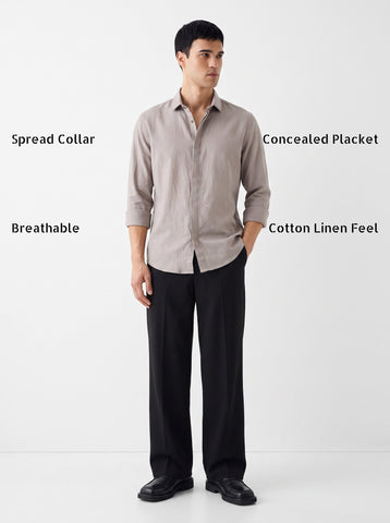 Solid Cotton Linen Look Light Grey Shirt