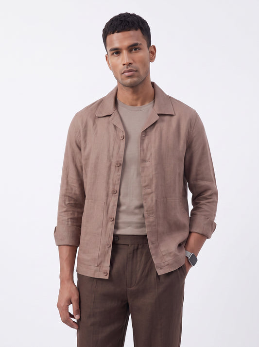 Men's Taupe Breathable Linen Blend Shacket