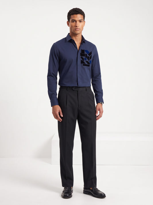 Geometric Printed Satin Stretch Navy Shirt